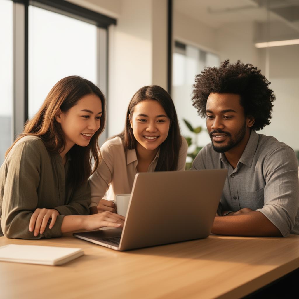 A small operations team collaborating around a laptop