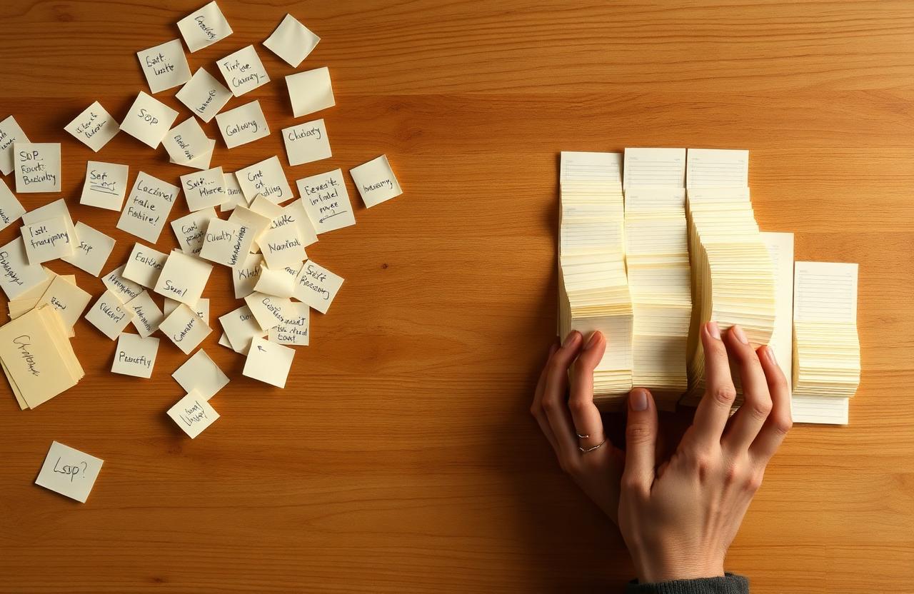 Scattered handwritten SOP notes being reorganized into a clean stack