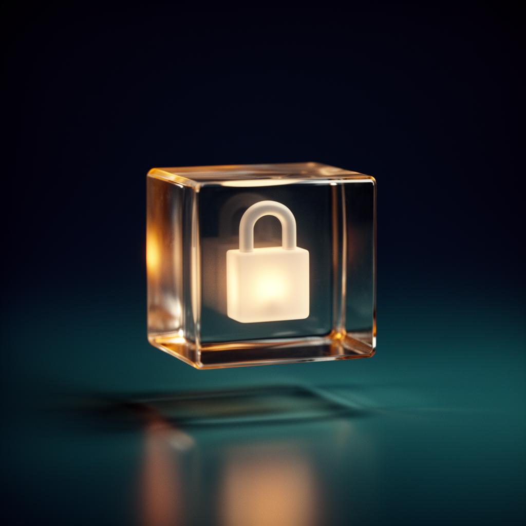 A translucent glass cube cradling a soft glowing lock — symbolising data ownership