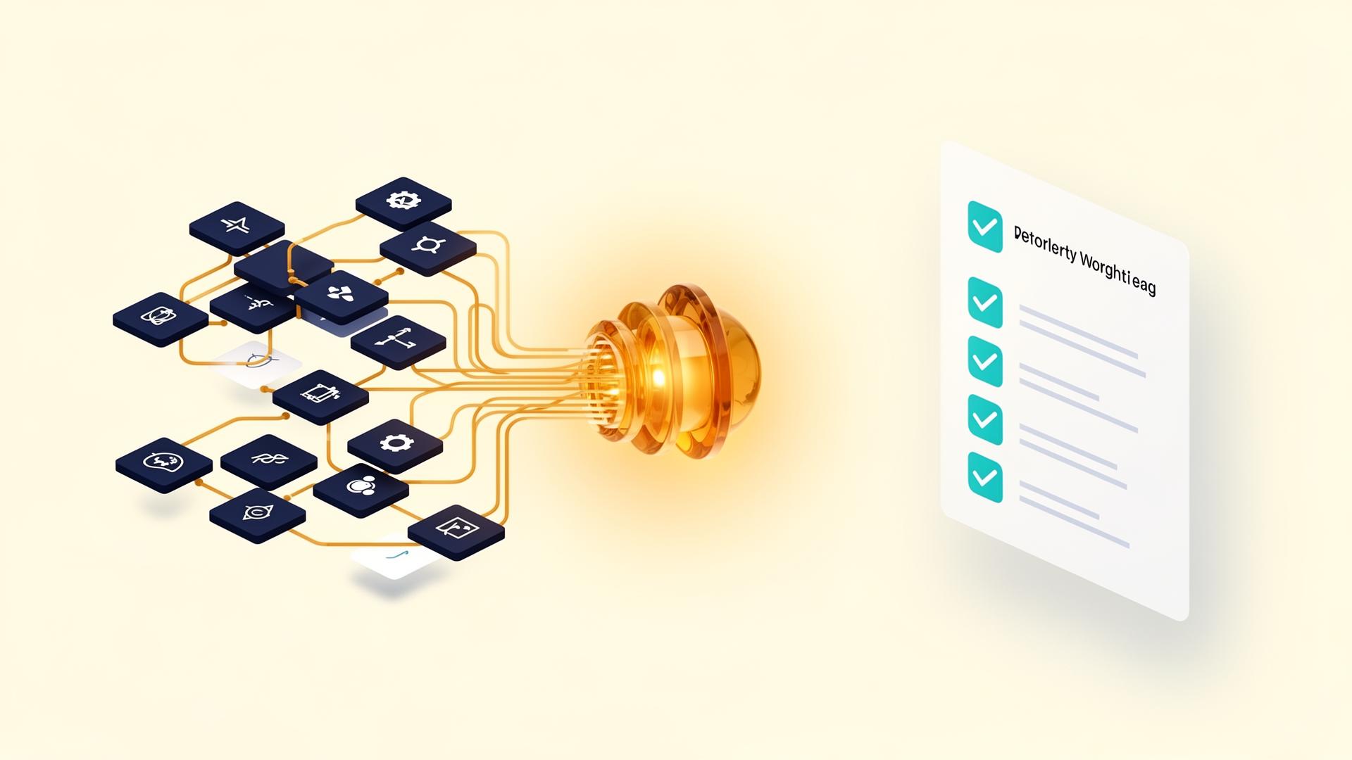 Scattered workflow nodes flowing through the CalmScale engine into a clean structured checklist